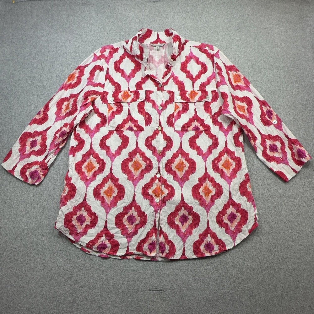 John Mark Shirt Womens Large Pink Ikat Geometric 3/4 Sleeve Button Tunic Linen